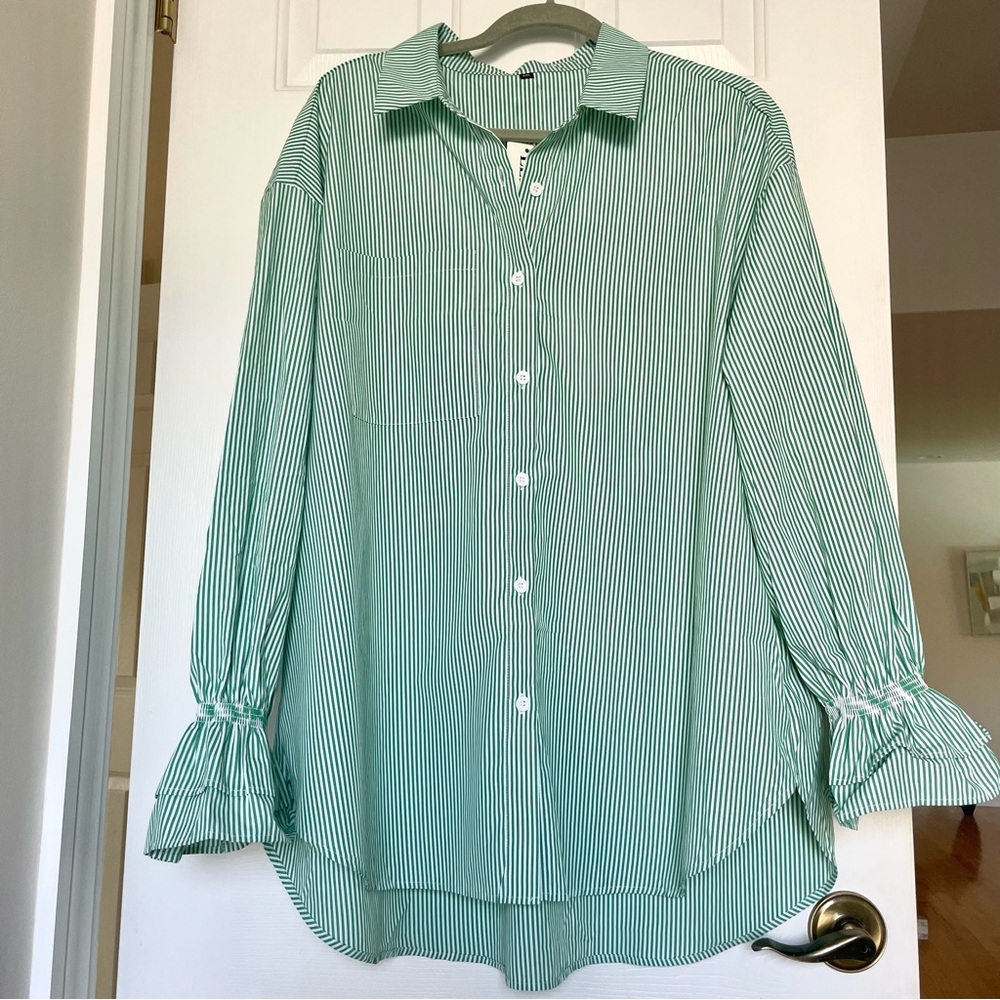 Green Striped Button-Up Blouse with ruffle sleeves